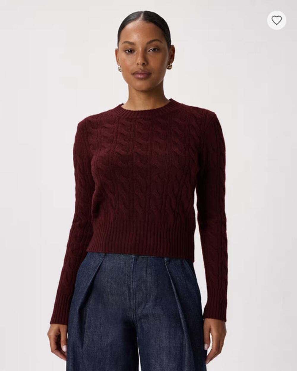 Mongolian Cashmere Shrunken Cable Crewneck Sweater Burgundy, Small NWT